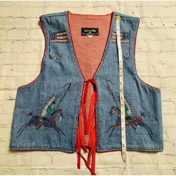VTG Patricia Wolf Denim Vest Size M Red Gingham Hand Painted American Indian - Picture 7 of 10